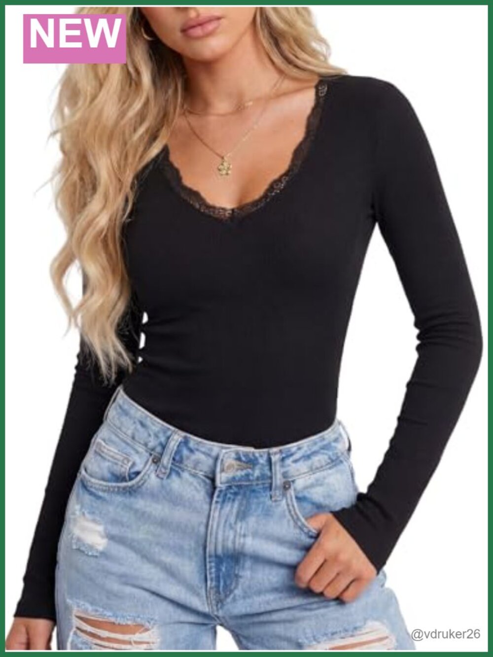 Lace V Neck Long Sleeve Ribbed Slim Fit Basic Top